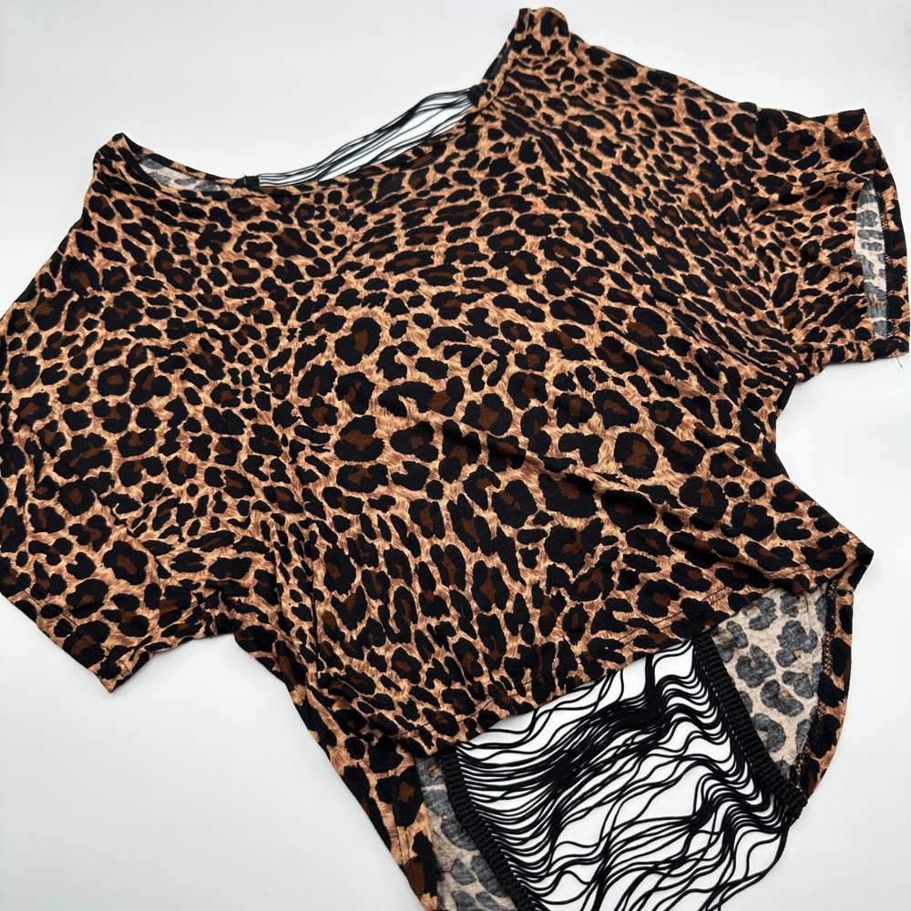 Y2K Wet Seal Leopard Fringe Open Back Top Womens XS Indie Sleaze Going Out